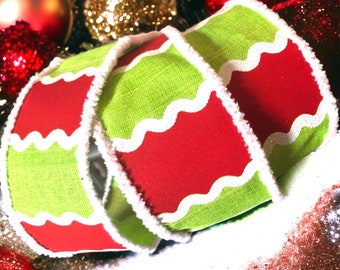 Wire Edged Christmas Ribbon 2.5” , Red and Lime Wavy Stripes With Snow Drift Edge , Perfect For Christmas Monster Projects , USA Import