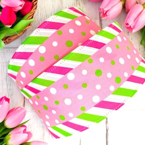Wire Edged Spring Easter Ribbon ,2.5”,Pink Polka Dot With Hot Pink And Lime Stripes,Easter Spring Wreathes ,Easter Decorating , USA Import