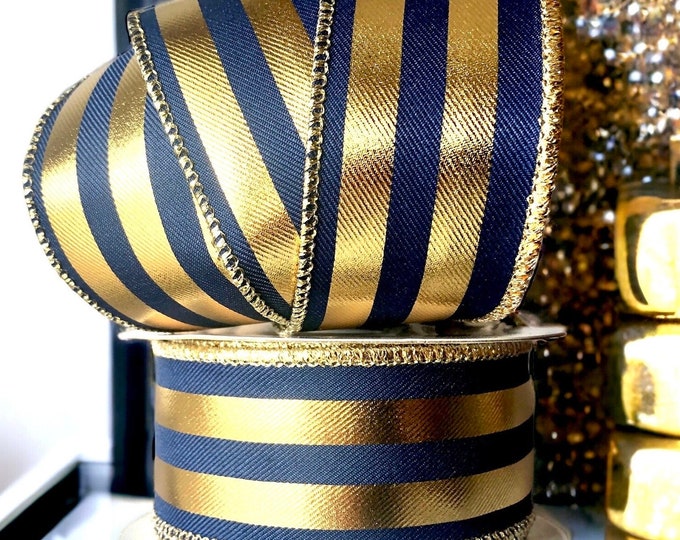 Broad Ribbons Wired Edge Ribbon 1.5”, Navy and Gold Metallic Broad Stripe, Christmas ...