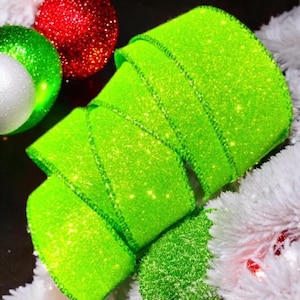Wire Edge Ribbon , 1.5” , Lime Green Shimmering Glitter, Christmas Wreath , Wired Christmas Tree Ribbon, Christmas Green Monster, USA Import