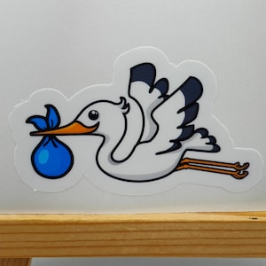 Słodki bocian z dostawą dziecka, zabawny, woliera, komiksowe ptaki, rysunkowe ptaki, holograficzne naklejki, laptop, etui na telefon, komputer, naklejki