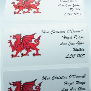 Könnte beinhalten: Drei weiße Etiketten mit einer roten Drachengrafik und dem Text "Mrs Christine O'Donnell, Hazel Ridge, Lon Cac Glas, Ruthin, LL15 7LS."