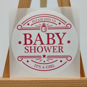 S’il vous plaît rejoignez-nous, Fille, Étiquettes de baby shower, White Premium Satin Gloss Poly, Autocollants, Cadeaux pour bébé, Boissons, Fête, Cadeaux, Faveurs pour bébé