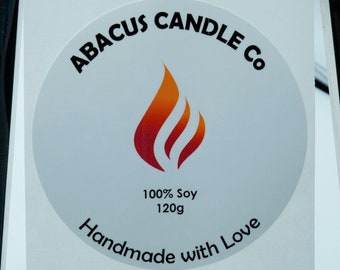 May include: Three white round labels with a red and orange flame design. The labels say "ABACUS CANDLE CO" and "100% Soy 120g Handmade with Love".