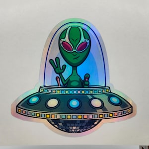 Disco Alien che vola con la sua nave, Flaying Saucer, Area 51, Vieni in pace, Alieni, Adesivo, Decalcomanie, Etichette, Base segreta, ET, Resta fuori, Riservato