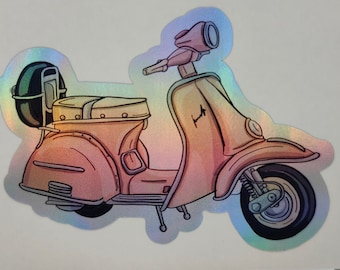 Pink Moped Scooter, Vespa, Lambretta, Motorbike, Travel, Transportation, Holographic Decals, Laptop, Phone Case, PC, Stickers, Labels