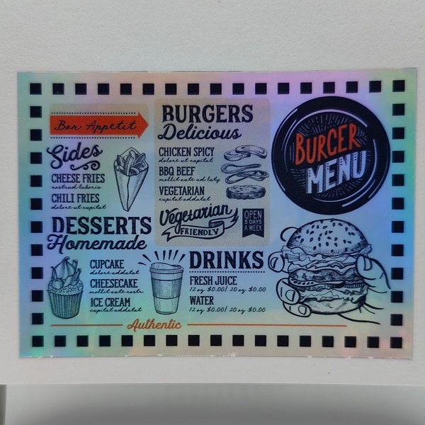 Retro American Diner Food Menu, Fast Food, Milkshakes, Burgers, Holographic Stickers, Decals, Labels, Menu Stickers, Old School Dining