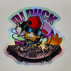 DJ Duck, disco, rave, muzikant, Ibiza, mixdeck, muziek, helmstickers, laptop, grappig, humoristisch, sticker, holografische stickers, MOS