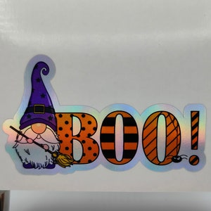 Gonk Gnome Boo pegatina, lindas pegatinas de Halloween, noche de terror, pegatina holográfica, películas de terror, películas, calcomanías, acto de circo, truco o trato