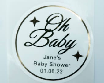 Oh Baby Shower Sticker Oh Baby Gepersonaliseerd in luxe folie op een glanzend wit/doorzichtig polylabel Feestdecoratie, op maat.