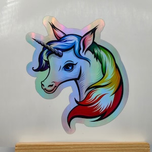 Cabeza de unicornio arco iris, pegatina brillante holográfica, pegatinas para niños, pegatinas de fiesta, salidas nocturnas, tiempo de fiesta, celebración, noche de chicas, diversión