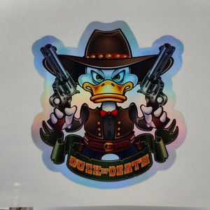 Duck Death, Cowduck, Cowboy, Outlaw, Wilder Westen, Helm Aufkleber, Laptop, lustig, humorvoll, Abziehbild, Aufkleber, holographische Aufkleber Etiketten, Western