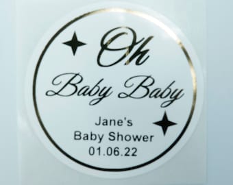 Oh Baby Baby Shower Sticker Oh Baby Gepersonaliseerd in Luxe Folie op een Glanzend Wit / Helder Poly Label Partij Gunst Decoratie, Aangepast, Gunsten