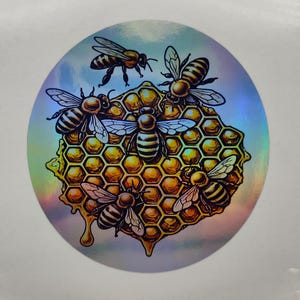 Honingbijen op honingraat, stickers bijenkorf, stickers zelfgemaakte honing, stickers honingpot, stickers boerderijwinkel, holografisch, stickers, voedselsticker