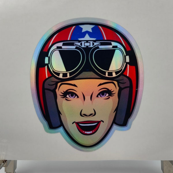 Retro Girl Motorcycle Hemet, Mods, Rockers, Lambretta, Vespa, Motorbike, Holographic, Stickers Labels, Helmet, Laptop, Humorous, Decal