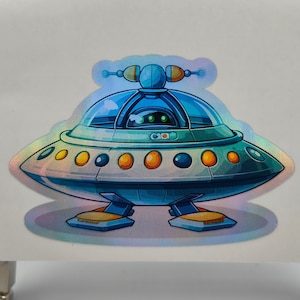 Alien, Landed UFO, Flying Saucer, UAP, Alien Flying, Funny, Stickers Labels, Helmet Stickers, Laptop, Humorous, Decal, Holographic Stickers