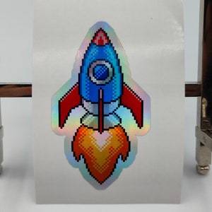 Retro Rocket Blast-Off Take-Off, Pixel Art, Retro Gaming, Space, Sky, Holographic Sticker, Decals, Item Stickers, Present Gift Stickers