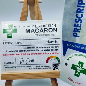 Personalised Macaron Prescription Label + Prescription Bag, Stickers, Fill Own Pharmacy, Get Well Soon, Stocking Filler, Birthday, Dad,Mum