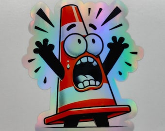 Funny Cartoon Traffic Cone, Scared, Witches' Hats, Road Cones, Highway Cones, Safety, Caution, Roadworks, Holographic, Decal, Label, Shocked