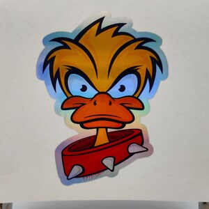 Canard avec collier renversé, Amusant, Regard sévère, Oiseaux comiques, Oiseaux de dessins animés, Décalcomanies holographiques, Ordinateur portable, Étui pour téléphone, PC, Autocollants, Enfants
