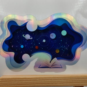 Planetas de livro aberto, adesivo poli holográfico brilhante, adesivos infantis, adesivos de festa, céu noturno, planetário, cosmos, educação, diversão