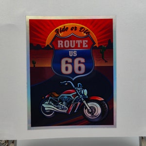 Retro USA Ride Or Die Route 66, Harley Davidson, Argento olografico, Autostrada, Americana, Decalcomanie, Laptop, Motociclisti, Scrapbook, Route 66 Road