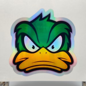 Canard contrarié, drôle, oiseau sévère, volière, oiseaux de bande dessinée, oiseaux de dessins animés, décalcomanies holographiques, ordinateur portable, étui pour téléphone, PC, autocollants, enfant