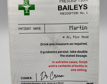 Personalised Prescription Baileys Alcohol, Spirit, Bottle Custom Irish Cream Labels, Birthday, Celebration Drink, Funny Drink, Cheeky, Gift