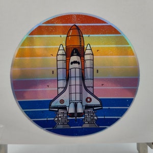 Spaceshuttle, Retro Achtergrond, Rocket Blast-Off Take-Off, Ruimte, Lucht, Holografische Sticker, Stickers, Voorwerpstickers, Cadeaustickers