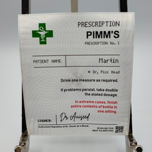 Pimm's de prescrição personalizada, álcool, destilado, garrafa, rótulos poli brancos personalizados, aniversário, bebida comemorativa, bebida engraçada, atrevido, presente