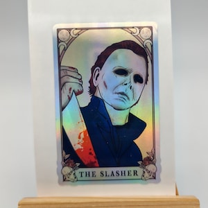Michael Myers, Carta del Tarot, Pegatina holográfica plateada, Películas de terror, Películas, Halloween, Miedo, Misterio, Computadora portátil, Malos del terror, Hombre del saco