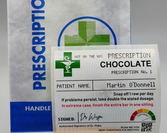 Gepersonaliseerde chocoladereceptlabel + receptzakje, stickers, vul eigen apotheek, beterschap, kousvuller, verjaardag, vader, moeder
