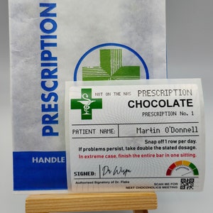 Gepersonaliseerde chocoladereceptlabel + receptzakje, stickers, vul eigen apotheek, beterschap, kousvuller, verjaardag, vader, moeder