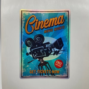 Noches de cine de cine retro, pegatina plateada, películas de la vieja escuela, películas, habitación, pegatinas para portátiles, calcomanías, malos de terror, películas de cine, Super 8