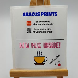 Nieuwe mok aan de binnenkant, beker, pakketzegel labelstickers, op maat, gepersonaliseerd, promotielabels, dooszegels, doostape, doosbranding, bedrijfszegel