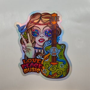 Ragazza hippie, adesivo olografico d'argento, Love Peace Music, anni '70, '60, retrò, vecchia scuola, adesivi per laptop, decalcomanie, decalcomanie per telefono, ragazze fantastiche