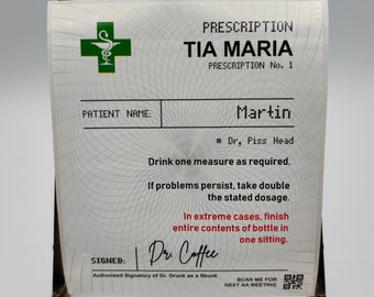 パーソナライズされた処方箋ティアマリア、コーヒーアルコール、スピリット、ボトルカスタムホワイトポリラベル、誕生日、お祝いドリンク、面白いドリンク、ギフト
