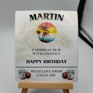 Etiqueta de garrafa personalizada branca estilo Malibu, aniversário, ocasião especial, casamento, rum com especiarias, álcool, destilados, adulto, presente de festa