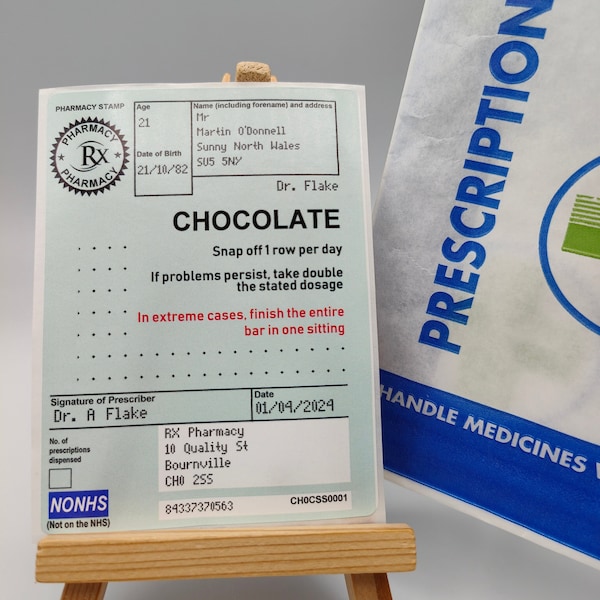 Personalised Chocolate Prescription Label + Prescription Bag, Stickers, Fill Own Pharmacy, Get Well Soon, Stocking Filler, Birthday, Dad,Mum