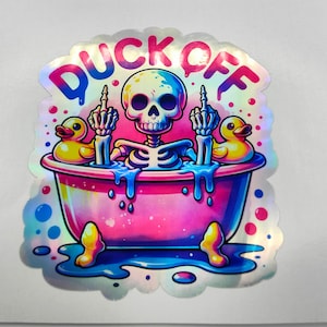 Duck Off, Two Fingers, The Bird, Rude Gesture, Holographic Sticker, Decals, Laptop Stickers, Decals, Item Stickers, Skeleton Bath, Labels