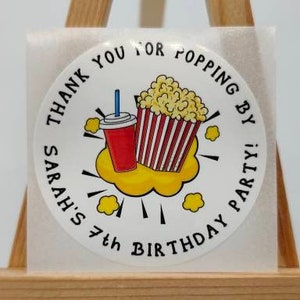 Etiquetas Adhesivas Palomitas Cumpleaños, Poliéster Brillo Satinado Premium Blanco, Celebración, Agradecimiento, Personalizadas, Etiquetas Personalizadas Infantil, Fiesta, Cine