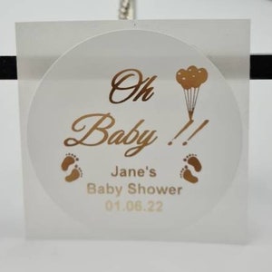 Oh Baby, autocollant de douche de bébé Oh Baby personnalisé en feuille de luxe sur une décoration de faveur de fête d'étiquette en poly transparent brillant, personnalisé, autocollant de faveurs