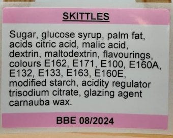Food Ingredient Contents Labels, Allergen List, Sweet Contents, Custom Personalised, Label Stickers, Postage Stickers, Wedding Favour