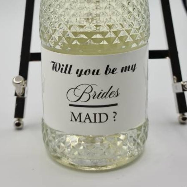 Will You Be My Bridesmaid, Mini Champagne/Prosecco Bottles White Poly Labels for Wedding, Getting Married, Proposal, Party, Freixenet 20cl