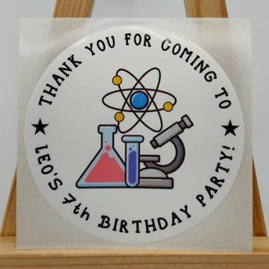 Etiquetas de aniversário para festa científica, adesivos para sacolas de presentes, comemoração, agradecimentos, lembrancinhas personalizadas, etiquetas personalizadas para crianças