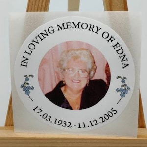 In Loving Memory Of, Funeral Stickers, Memorial Stickers, Photo Stickers, Personalised, Custom, Forget Me Not, Bereavement Stickers