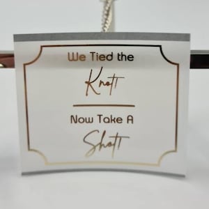 60mm x 50mm Premium Gloss Clear Tied The Knot Now Take A Shot, Wedding Label Stickers Favor, Mini Alcohol Bottle, Foil, Guest Gifts