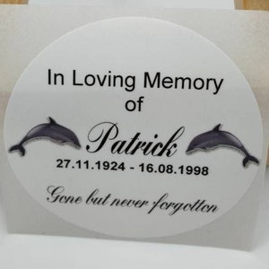Kerzenbestattungs-Denkmal runde Etiketten, weißes Premium Satinglanz Poly, Aufkleber, personalisierte benutzerdefinierte Kerzenetiketten zur Erinnerung, Delfine