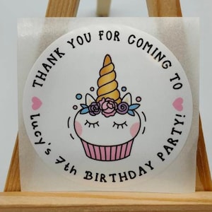 Unicorn Cupcake Birthday Labels Stickers, Premium Satin Gloss Poly, Celebration, Thanks, Personalized Party Favors, Custom Labels Children&#39;s