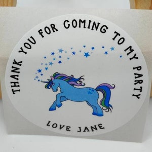 Eenhoorn, dank u verjaardagsfeestje etiketten stickers, premium satijnglans poly, feest, bedankt, gepersonaliseerde, aangepaste etiketten voor kinderen